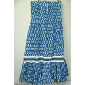 NWT Solitaire Tiered Maxi Skirt Women's XL Blue Crochet Trim Boho Flowy Cotton